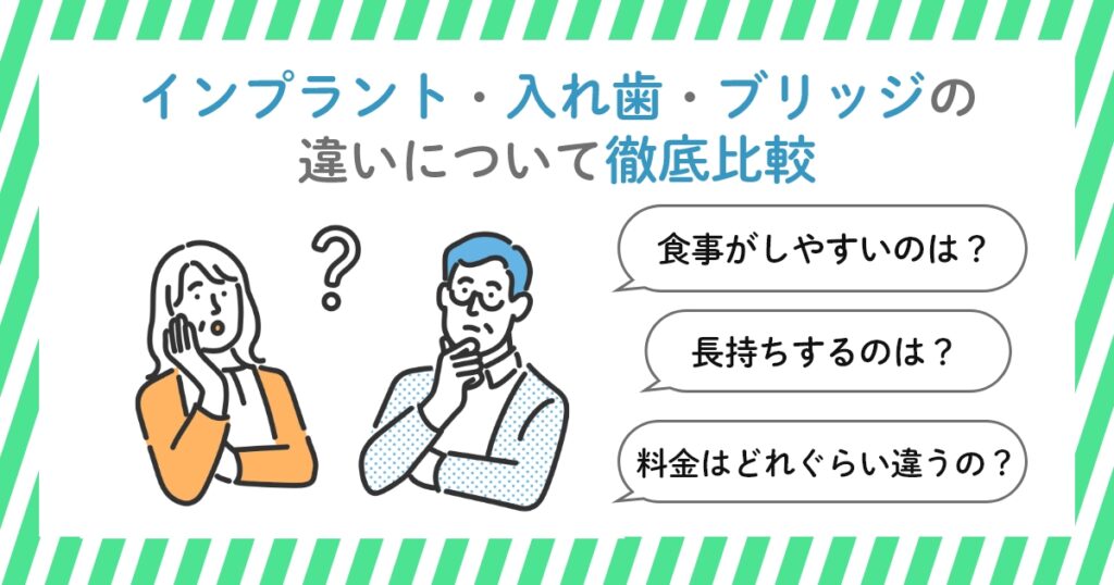 草津市の歯医者インプラントと入れ歯、ブリッジの比較